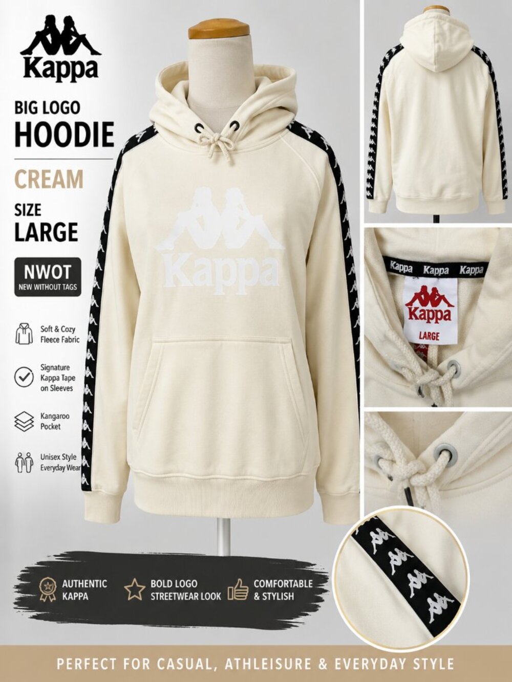 NWOT Kappa Big Logo Pullover Hoodie Cream Men's Size L